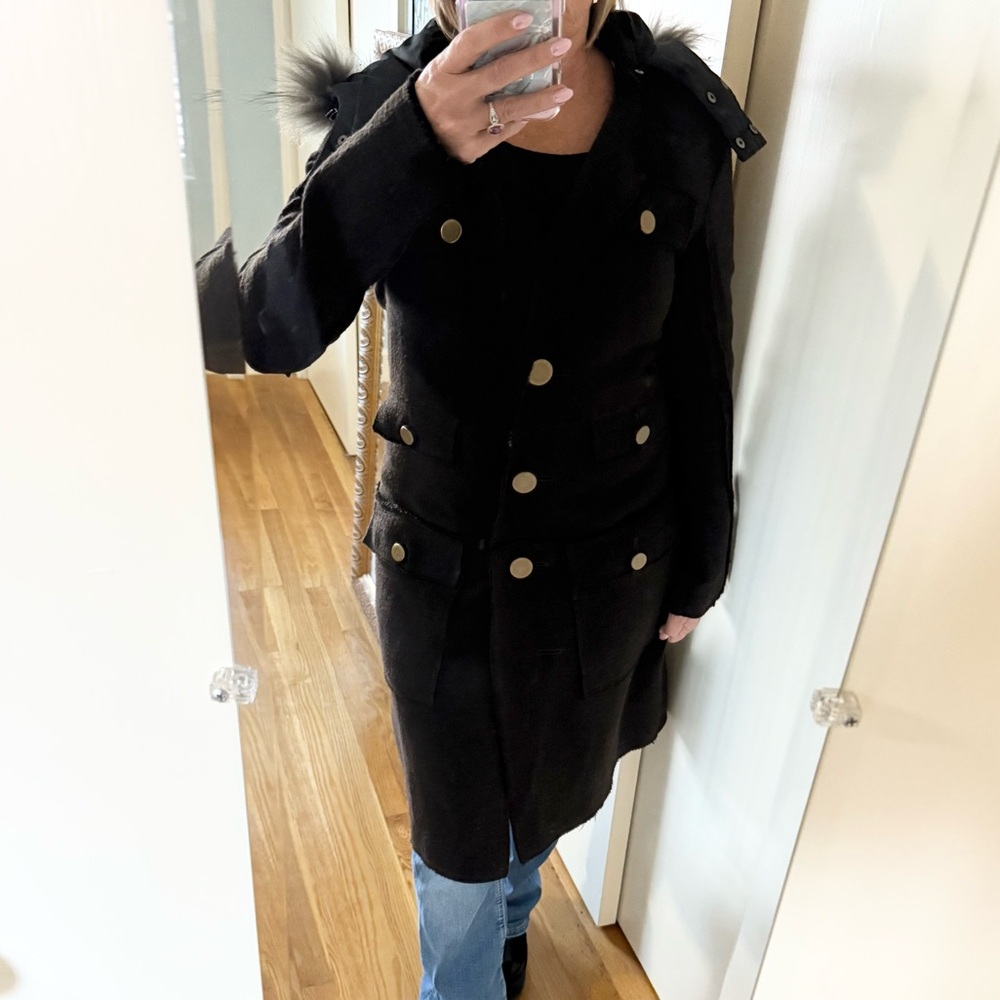 NWT Touch Tough Tacky 100% Wool Trench Coat w/ Gold Buttons & Fur Hood $485